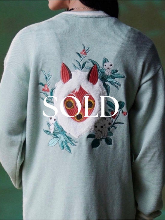 Hot Topic Sweaters - SOLD - Hot Topic Light Mint Green Embroidered Mask - Princess Mononoke/Ghibli
